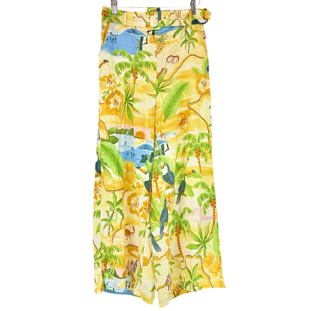 RACHEL ZOE Linen Wide-Leg Belted Pants in Tropical Print Sz S Beach Palms Resort